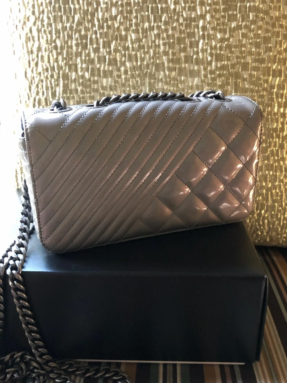Chanel Coco Boyd Quilted Patent Leather Flap Bag in Dark Gray